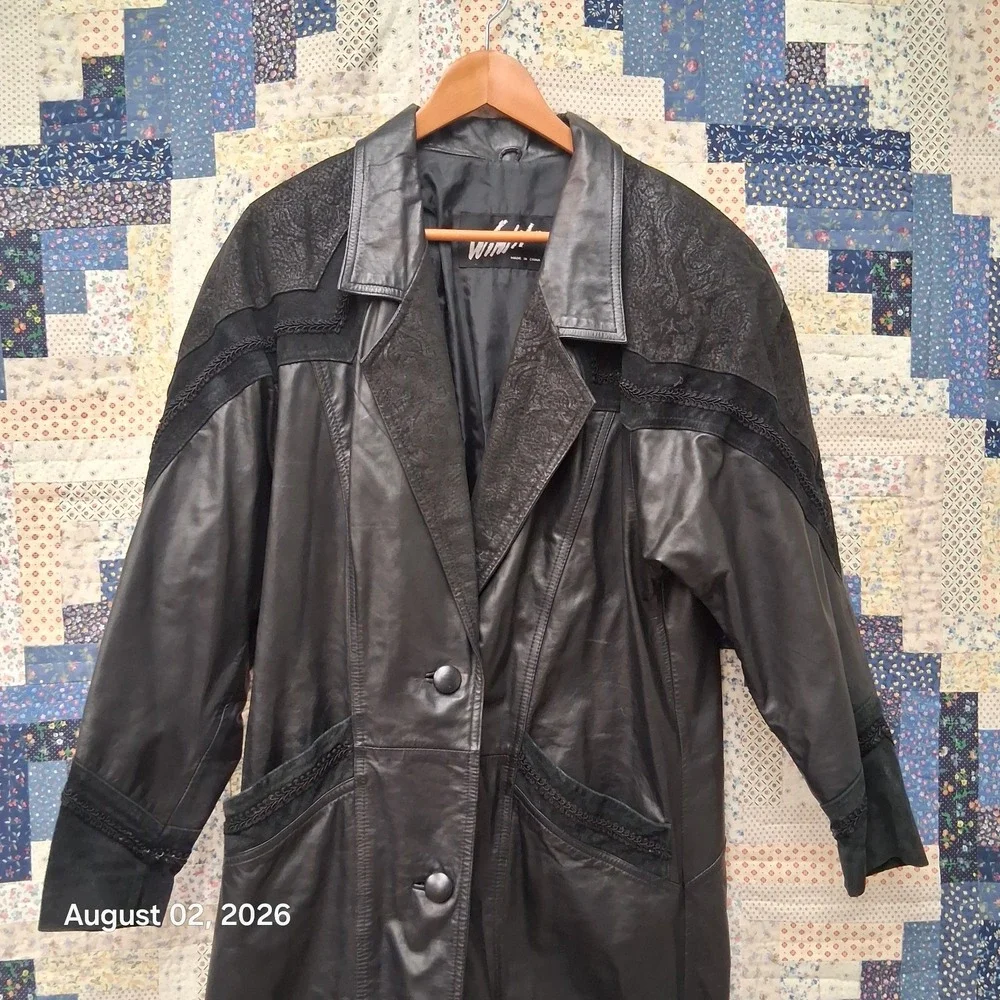Vintage 90s Winlit Womens Leather Coat Size Medium Black Trench Duster Paisley
